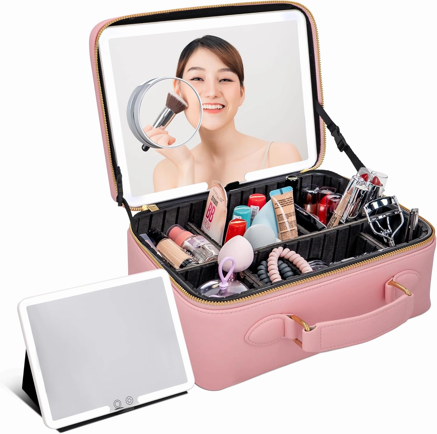 BAREZ Premium PU Leather Makeup Bag With LED Mirror - 3 Brightness Mirror Light Settings - Adjustable Dividers - Removable Mirror Waterproof Cosmetic Travel Bag (Pink)