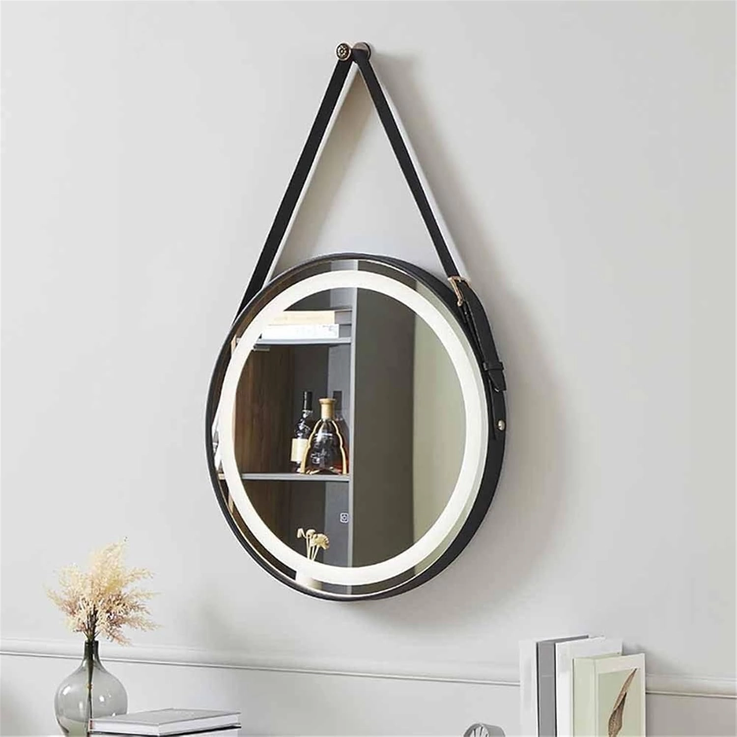 Bathroom Mirror, Black Hanging Makeup Mirror with Touch Switch Wooden Frame Decorative Mirror(B,70CM-White Light)