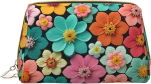 Beautiful Blooming Hexagon Printed Small Makeup Bag,Travel Cosmetic Bag Purse with Zipper,Water-resistant Makeup Organizer Bag for Women