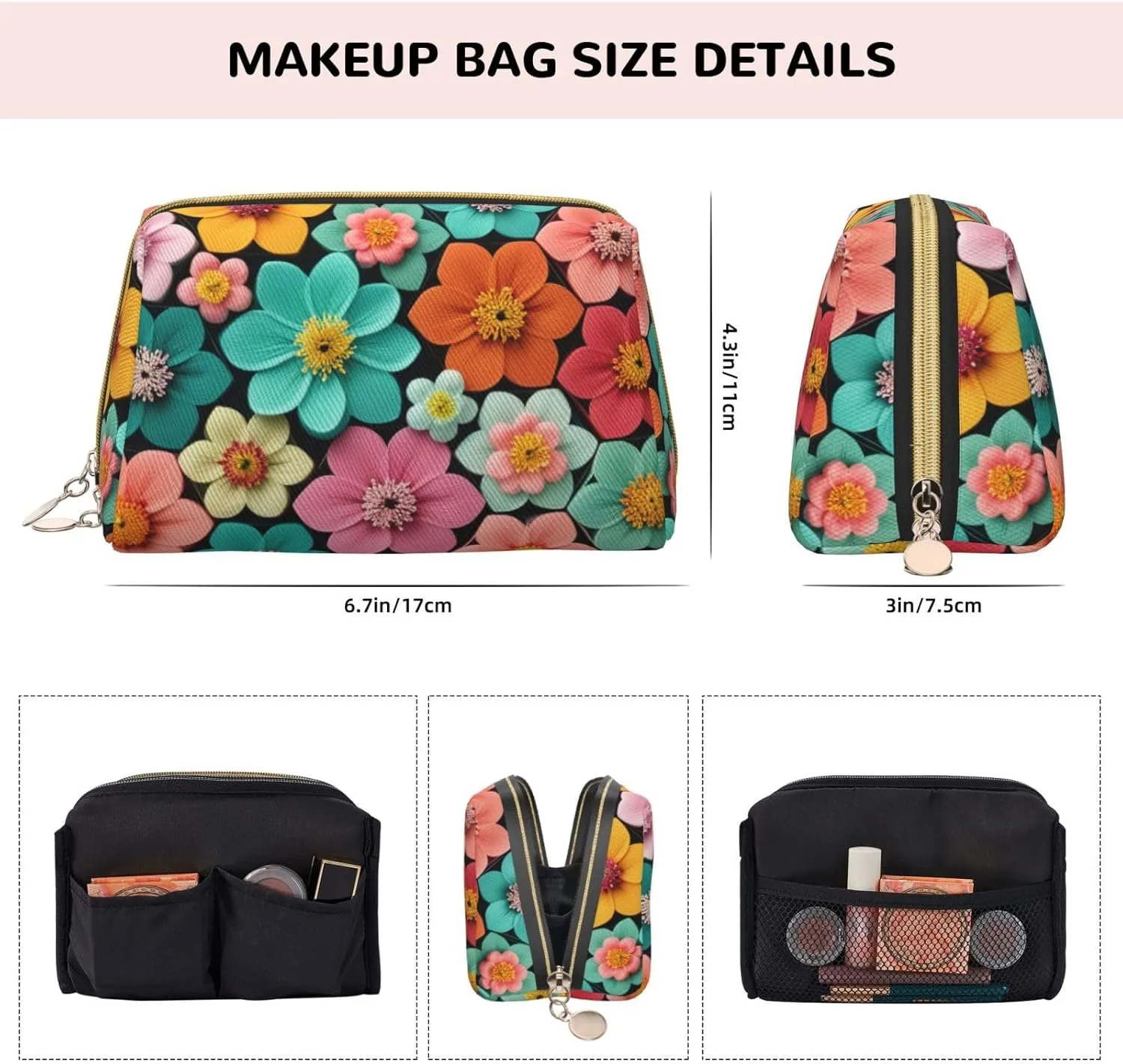 Beautiful Blooming Hexagon Printed Small Makeup Bag,Travel Cosmetic Bag Purse with Zipper,Water-resistant Makeup Organizer Bag for Women
