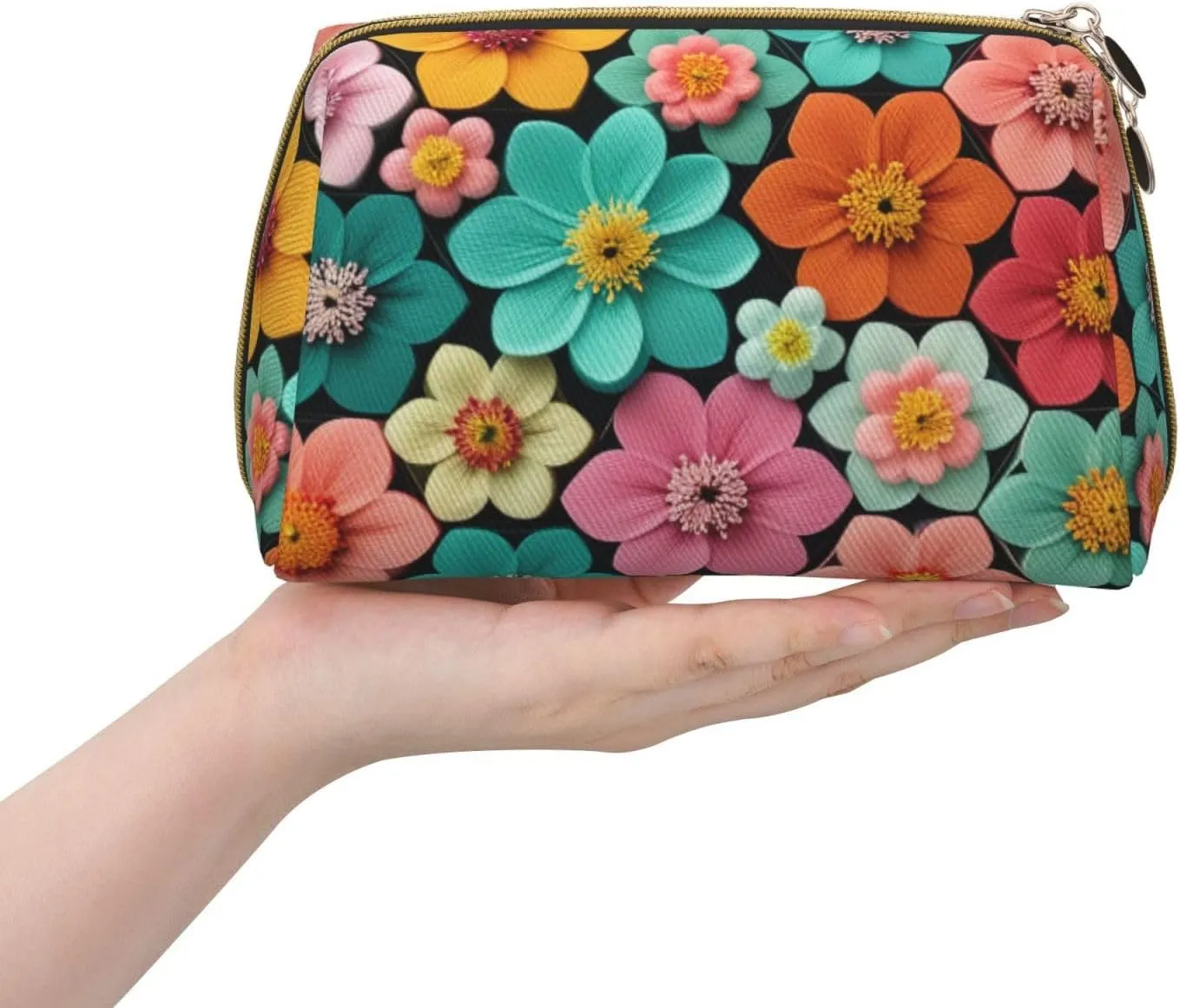 Beautiful Blooming Hexagon Printed Small Makeup Bag,Travel Cosmetic Bag Purse with Zipper,Water-resistant Makeup Organizer Bag for Women