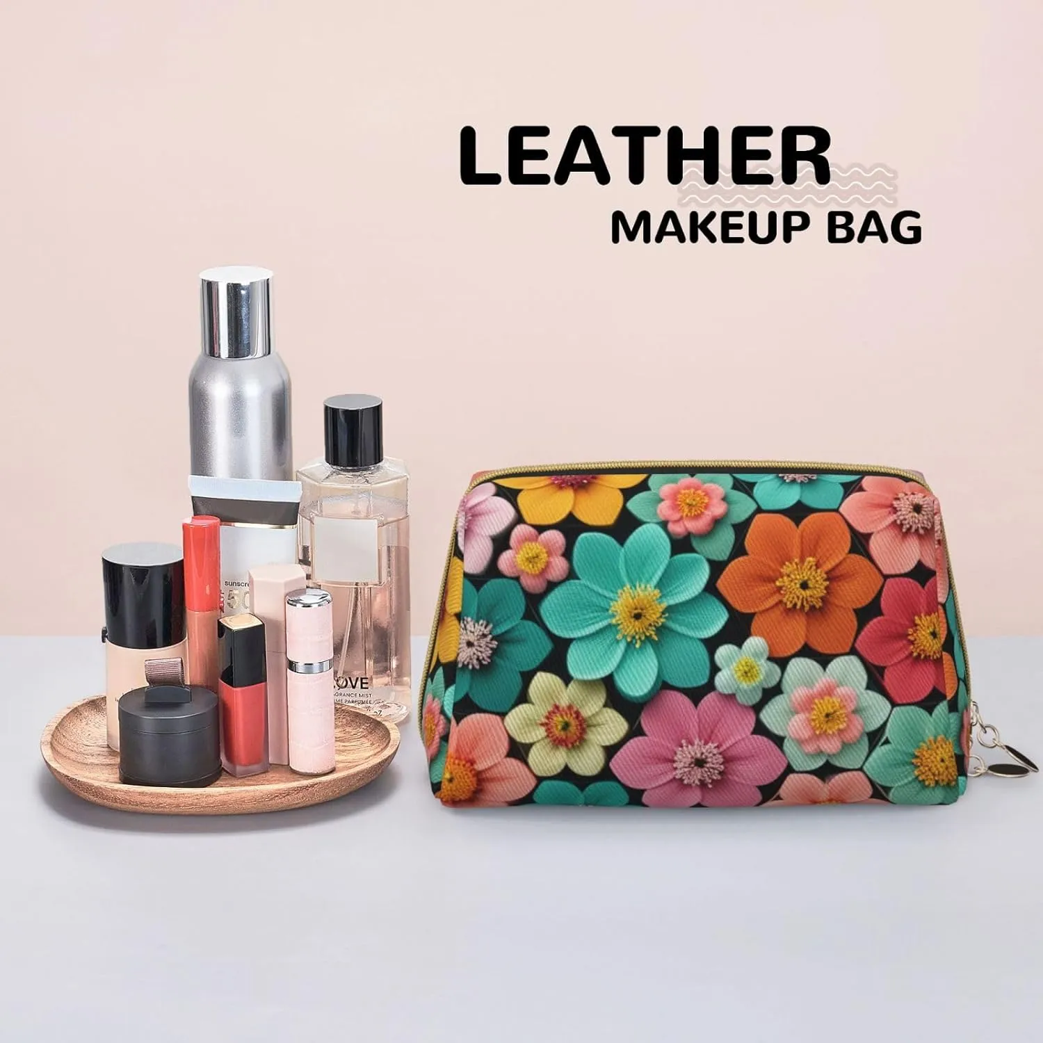 Beautiful Blooming Hexagon Printed Small Makeup Bag,Travel Cosmetic Bag Purse with Zipper,Water-resistant Makeup Organizer Bag for Women