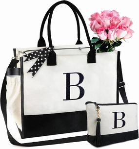 BeeGreen Mother's Day Gifts for Coworkers Mom Personalized Tote Bag Initial Canvas Tote Embroidery Bag Unique Monogram Gift Basket for Office Teacher Hostess Sister Friend B