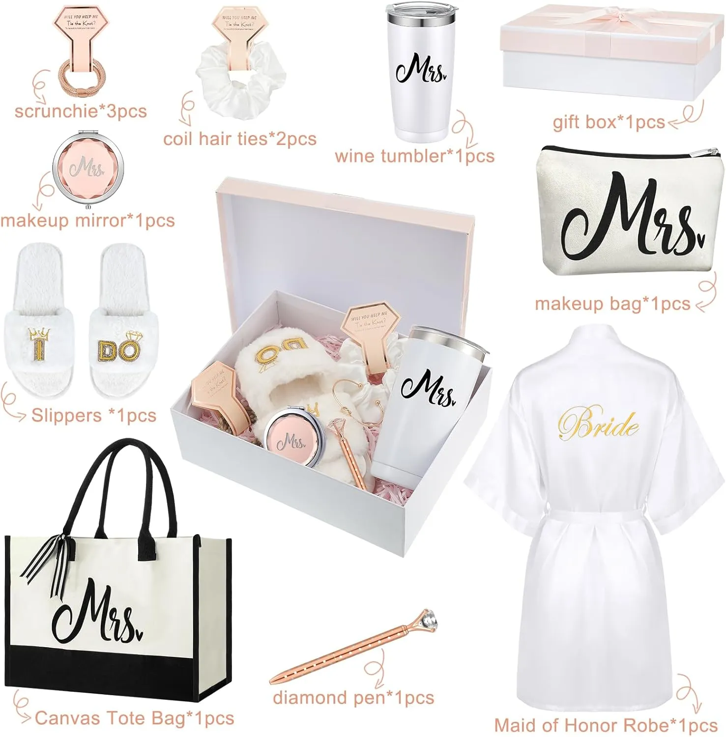 Berlune 14 Pcs Bride Gifts Box Sets Include Short Satin Robes Canvas Tote Bag Stainless Steel Glasses Slippers Wedding Gifts