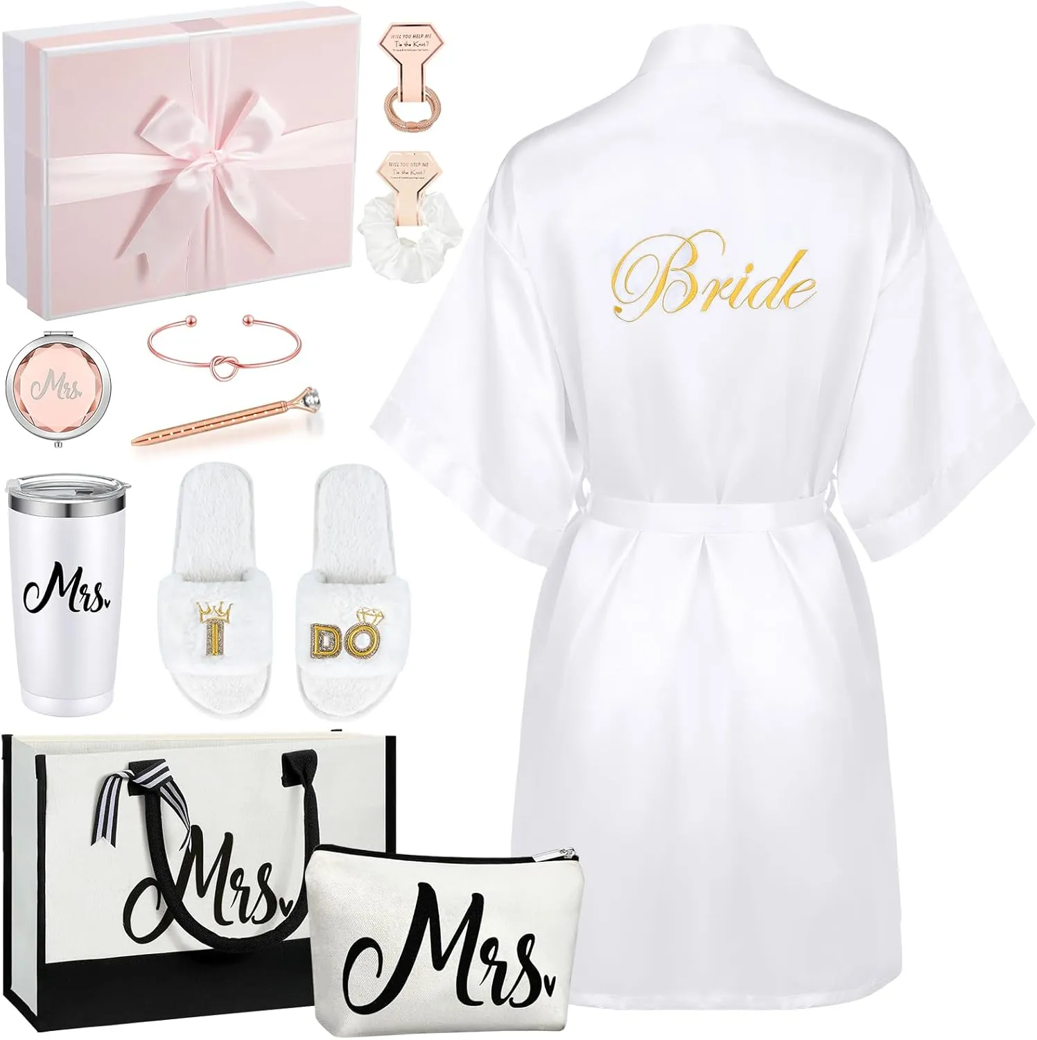 Berlune 14 Pcs Bride Gifts Box Sets Include Short Satin Robes Canvas Tote Bag Stainless Steel Glasses Slippers Wedding Gifts