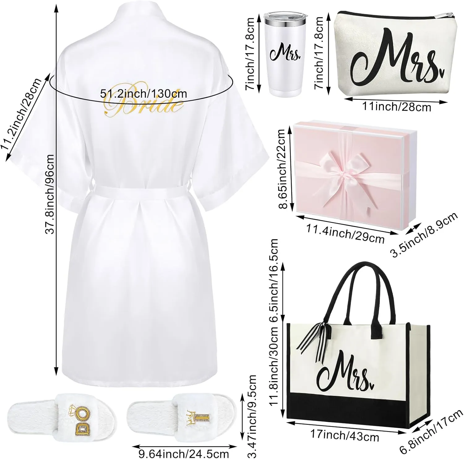 Berlune 14 Pcs Bride Gifts Box Sets Include Short Satin Robes Canvas Tote Bag Stainless Steel Glasses Slippers Wedding Gifts