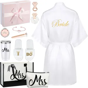 Berlune 14 Pcs Bride Gifts Box Sets Include Short Satin Robes Canvas Tote Bag Stainless Steel Glasses Slippers Wedding Gifts
