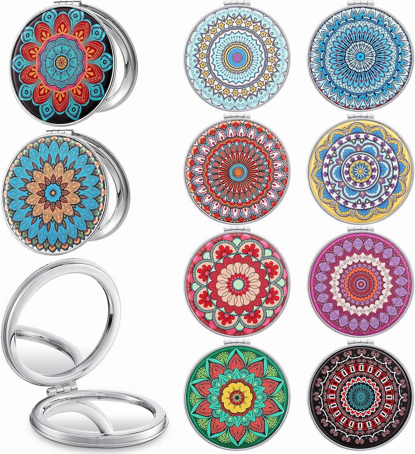Berlune 10 Pcs Mandala Pocket Mirror Mini Travel Compact Makeup Mirrors Purses Accessories Hand Folding Beauty Mandala Designs Cosmetic Mirror Double-Sided 2 x Magnifying Supply for Girls Women