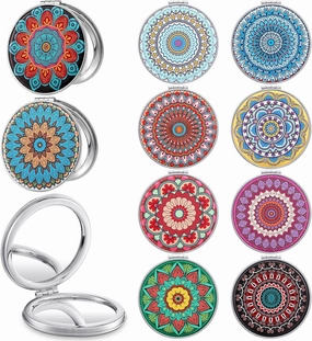 Berlune 10 Pcs Mandala Pocket Mirror Mini Travel Compact Makeup Mirrors Purses Accessories Hand Folding Beauty Mandala Designs Cosmetic Mirror Double-Sided 2 x Magnifying Supply for Girls Women