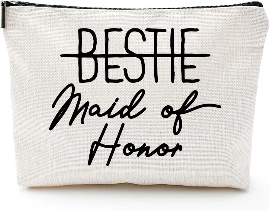Bestie Maid of Honor Canvas Makeup Bag – Bridesmaid Proposal Gift, Personalized Wedding Gift, Bridal Party Accessories, Makeup Pouch for Maid of Honor, Bridesmaids, and Wedding Gifts
