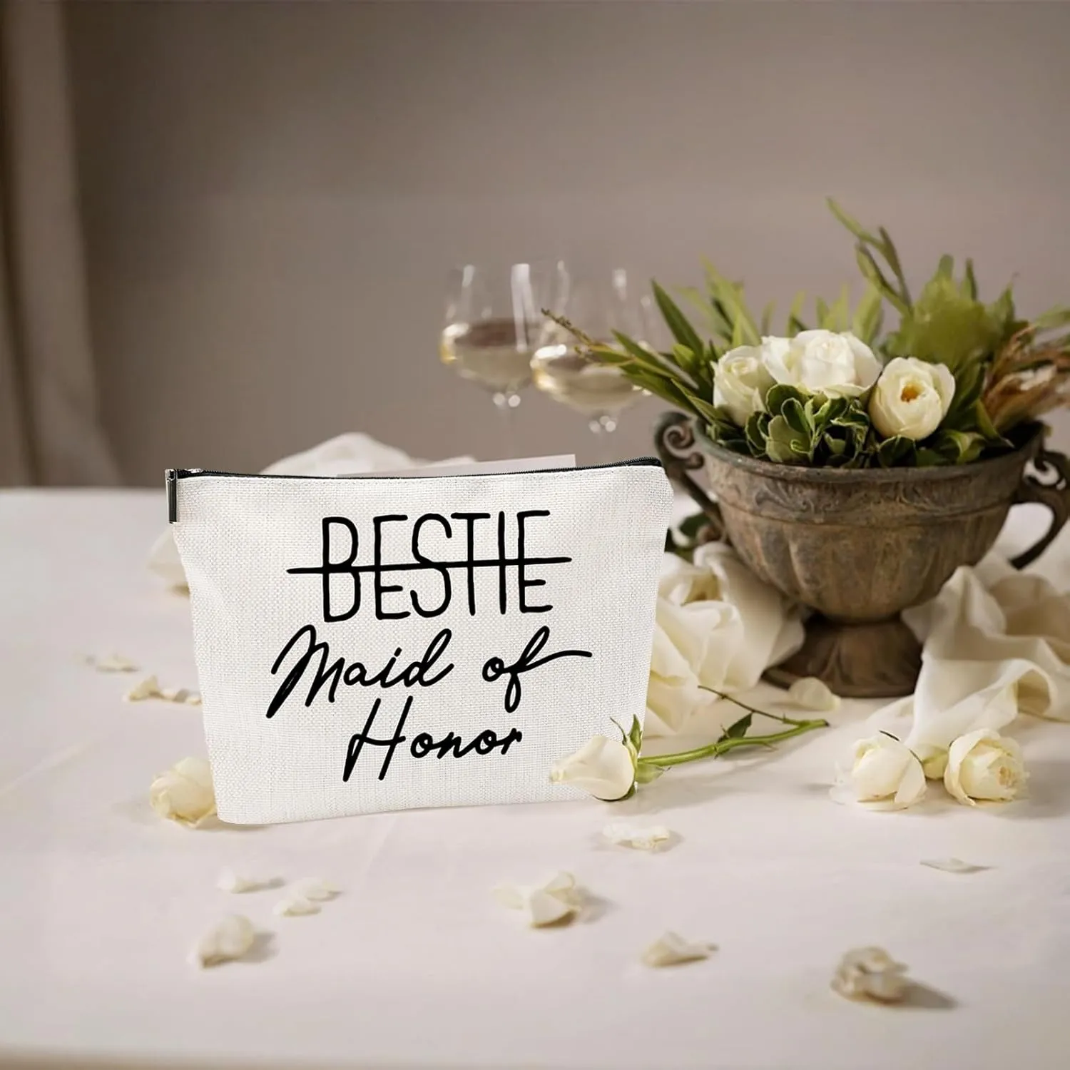 Bestie Maid of Honor Canvas Makeup Bag – Bridesmaid Proposal Gift, Personalized Wedding Gift, Bridal Party Accessories, Makeup Pouch for Maid of Honor, Bridesmaids, and Wedding Gifts