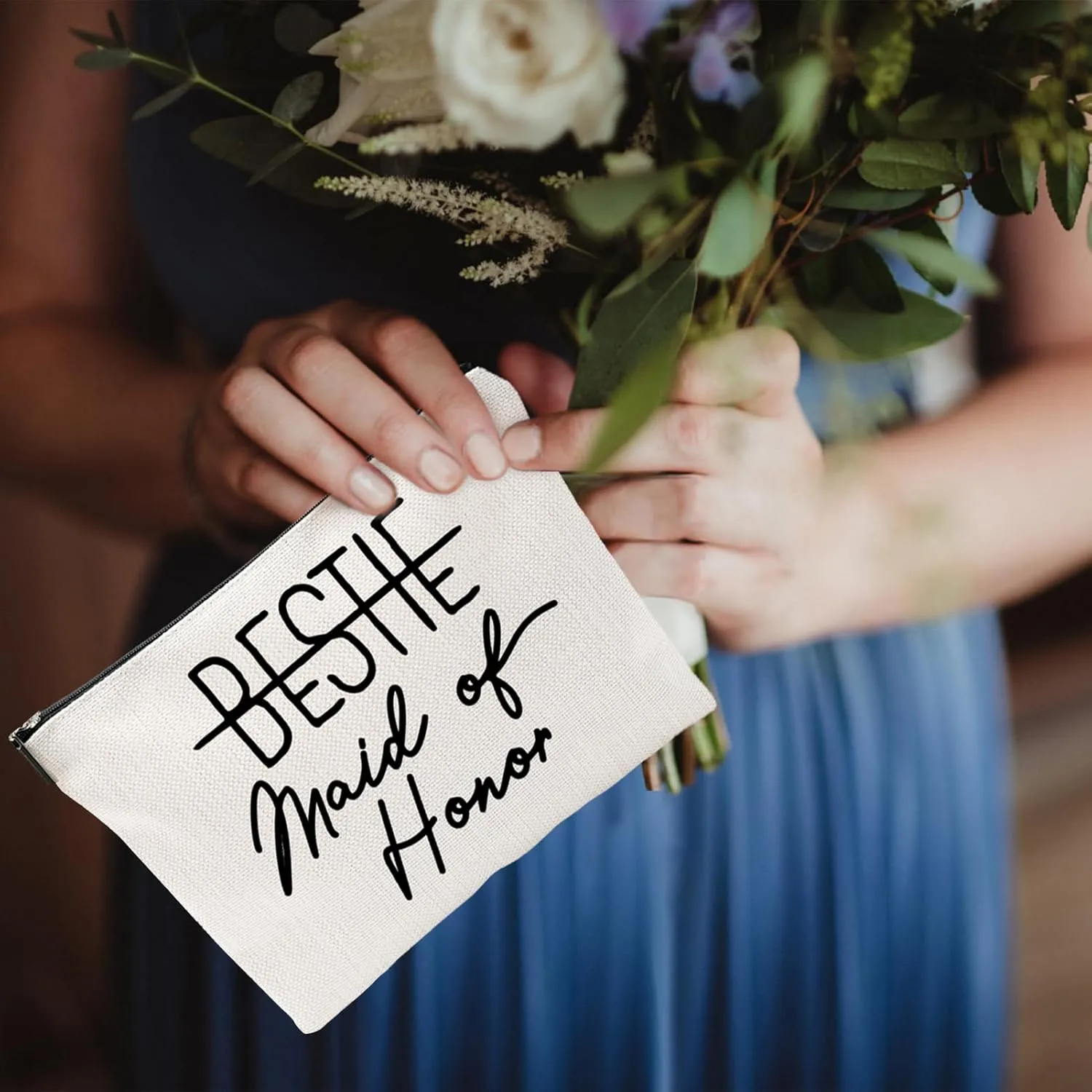 Bestie Maid of Honor Canvas Makeup Bag – Bridesmaid Proposal Gift, Personalized Wedding Gift, Bridal Party Accessories, Makeup Pouch for Maid of Honor, Bridesmaids, and Wedding Gifts