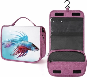 Betta Fish,Makeup Bag Cosmetic Travel Bag with Hanging Hook,Betta Fish on White Black Background,Water-resistant Make Up Bag Organizer for Brushes,Full-size Container,Toiletries,Blue Red