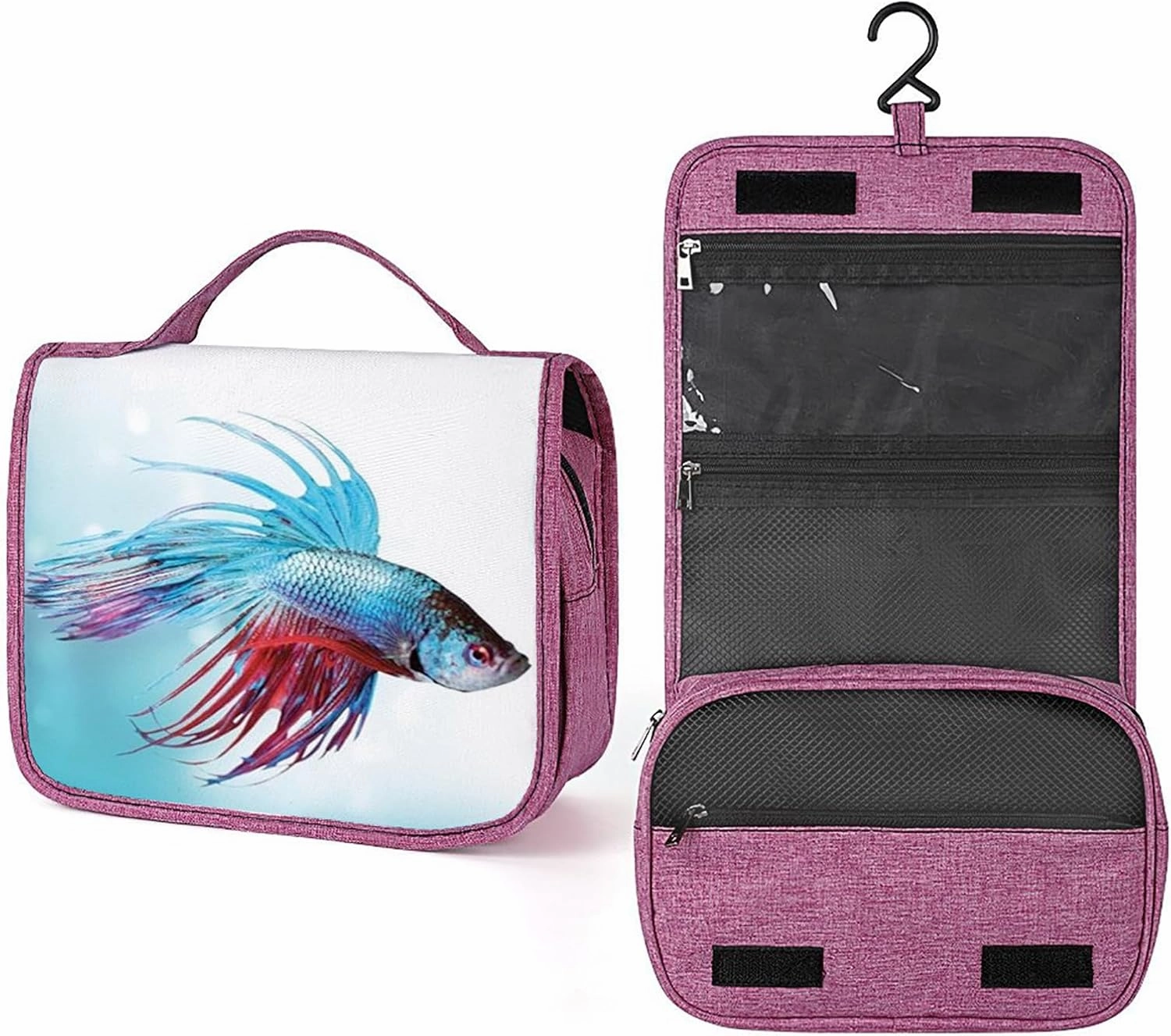 Betta Fish,Makeup Bag Cosmetic Travel Bag with Hanging Hook,Betta Fish on White Black Background,Water-resistant Make Up Bag Organizer for Brushes,Full-size Container,Toiletries,Blue Red