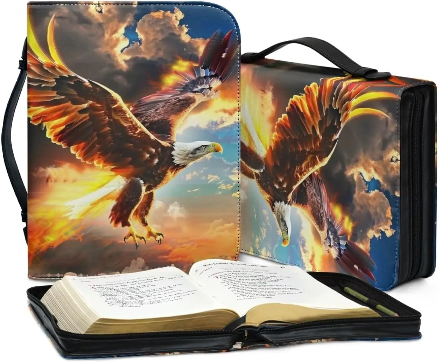 Bible Case for Men Bald Eagle Jesus Bible Covers for Boys Leather with Zippered Handle Bible Protector Church Protective Bag