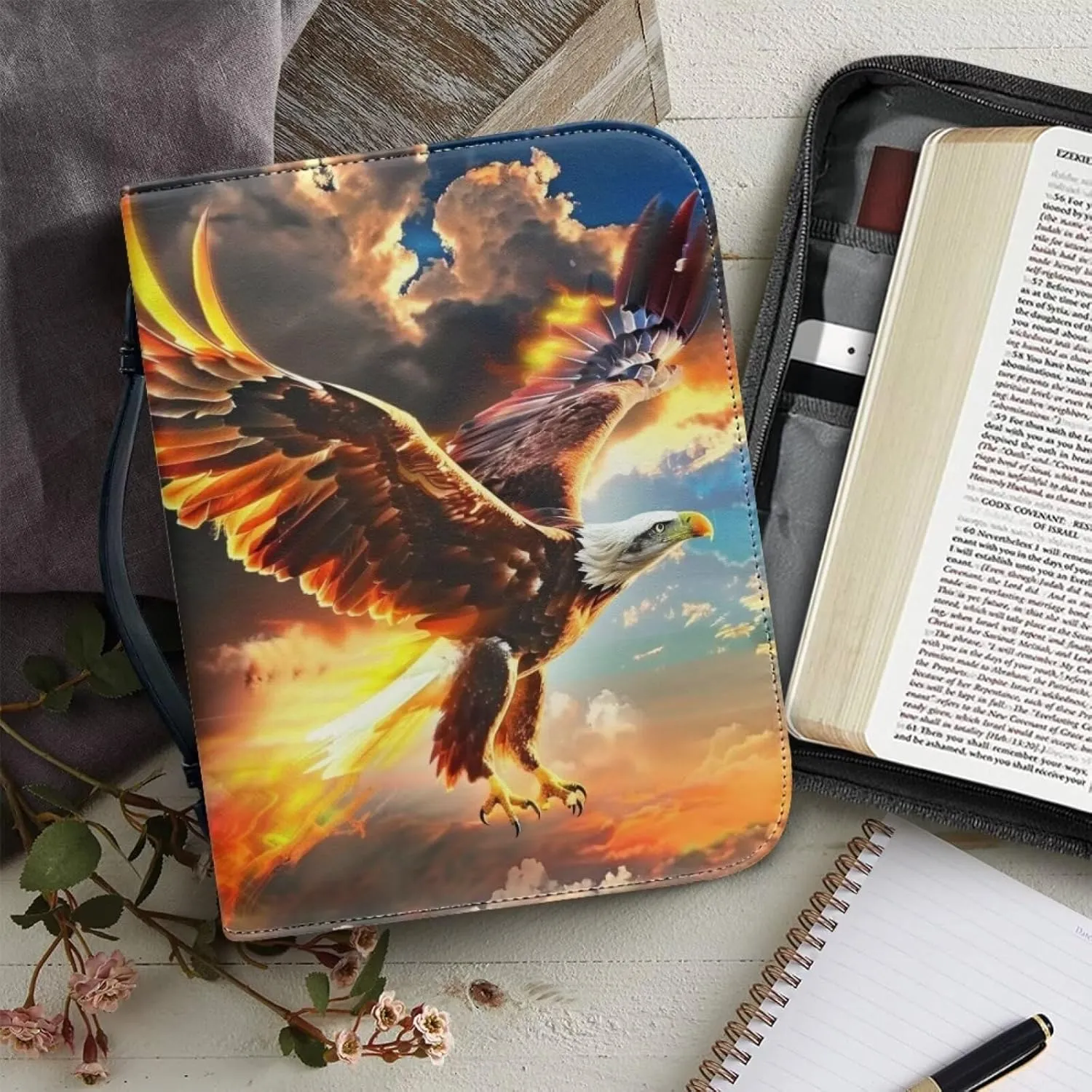 Bible Case for Men Bald Eagle Jesus Bible Covers for Boys Leather with Zippered Handle Bible Protector Church Protective Bag