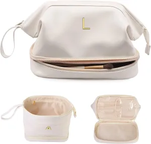Birthday Gifts for Women, Initial Large Makeup Bag, Gift for Women Personalized Double Layer Cosmetic Bag with Makeup Brush Organizer, Teacher Gift, Travel Toiletry Bag Graduation Gift