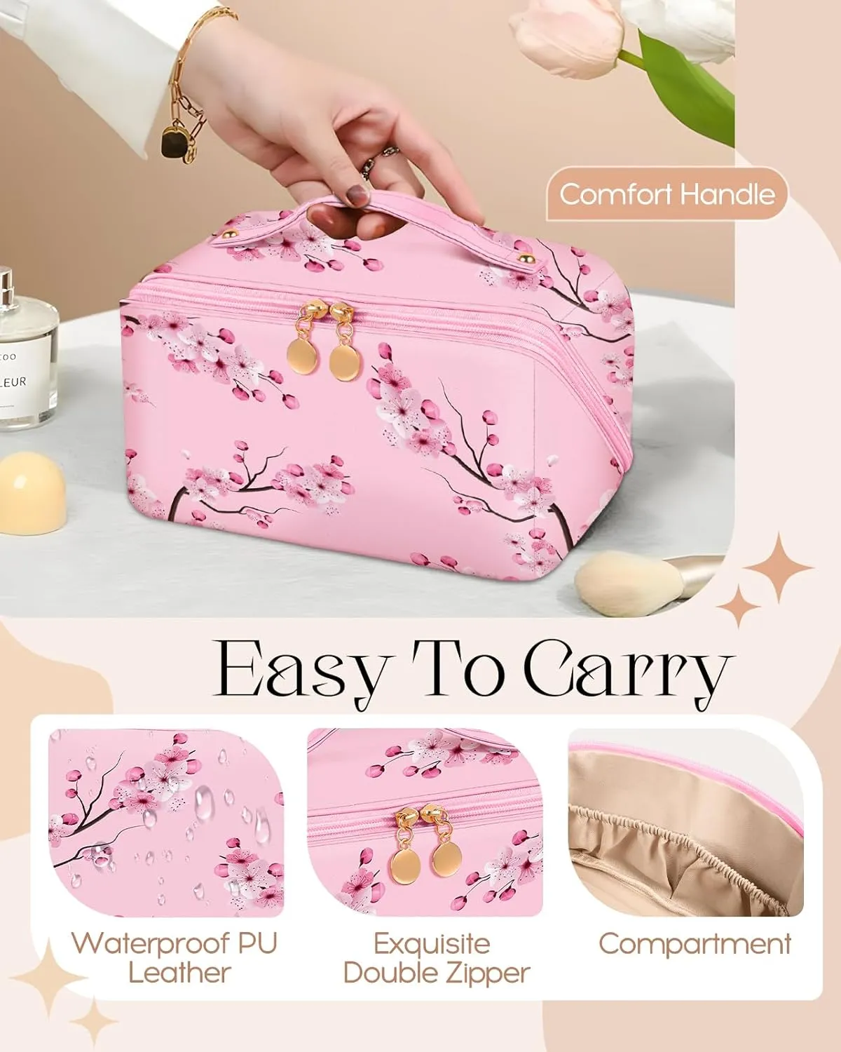 Bistup Makeup Bag Travel Cosmetic Bag Toiletry Make Up Bags Cute Women Large Capacity Big Medium Leather Flower Aesthetic Girl Teen Teenage Foldable Expandable Open Flat Zip