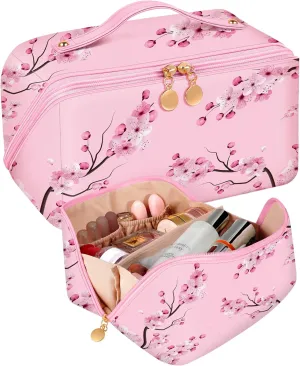 Bistup Makeup Bag Travel Cosmetic Bag Toiletry Make Up Bags Cute Women Large Capacity Big Medium Leather Flower Aesthetic Girl Teen Teenage Foldable Expandable Open Flat Zip