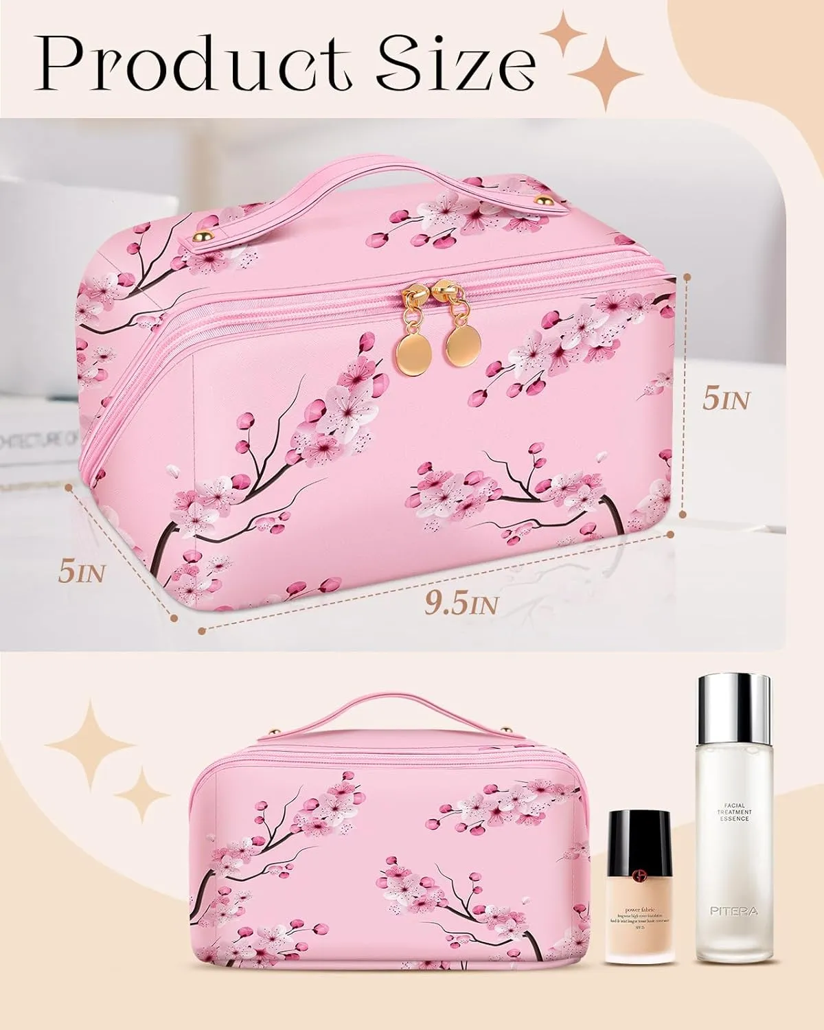 Bistup Makeup Bag Travel Cosmetic Bag Toiletry Make Up Bags Cute Women Large Capacity Big Medium Leather Flower Aesthetic Girl Teen Teenage Foldable Expandable Open Flat Zip