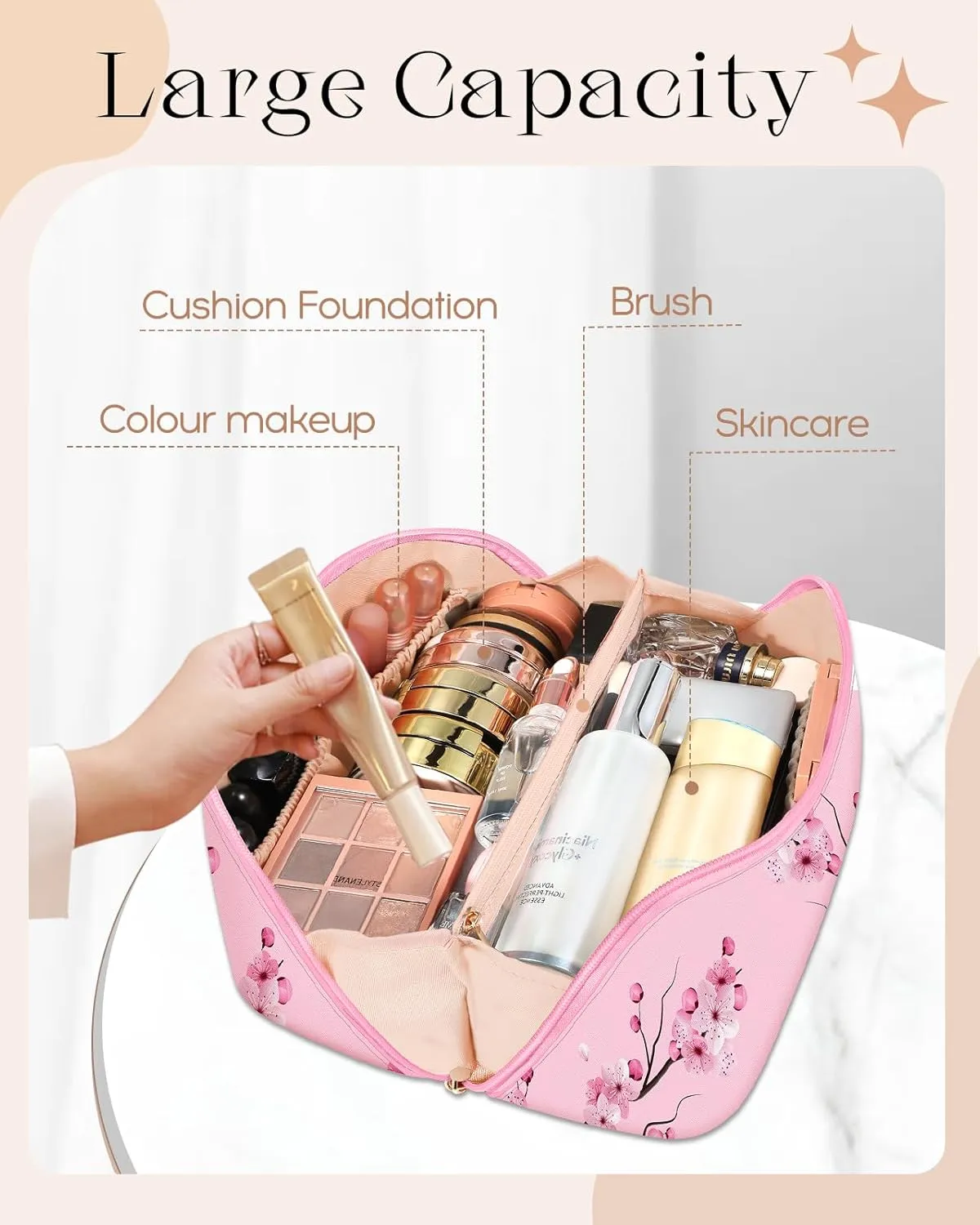 Bistup Makeup Bag Travel Cosmetic Bag Toiletry Make Up Bags Cute Women Large Capacity Big Medium Leather Flower Aesthetic Girl Teen Teenage Foldable Expandable Open Flat Zip