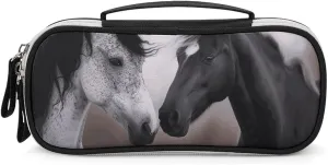 Black And White Horses Leather Makeup Bag Portable Small Cosmetic Organizer Waterproof Toiletry Bags Brushes Pencils And Travel Make Up Accessories