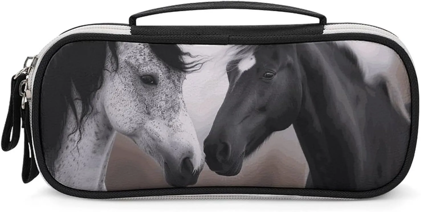 Black And White Horses Leather Makeup Bag Portable Small Cosmetic Organizer Waterproof Toiletry Bags Brushes Pencils And Travel Make Up Accessories