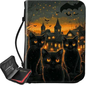 Black Cat Bat Bible Cover, Large Bible Protector Case Handle Carrying Bible Tote Bag with Zippered and Inner Organizing Pockets Christian Gifts for Men Women