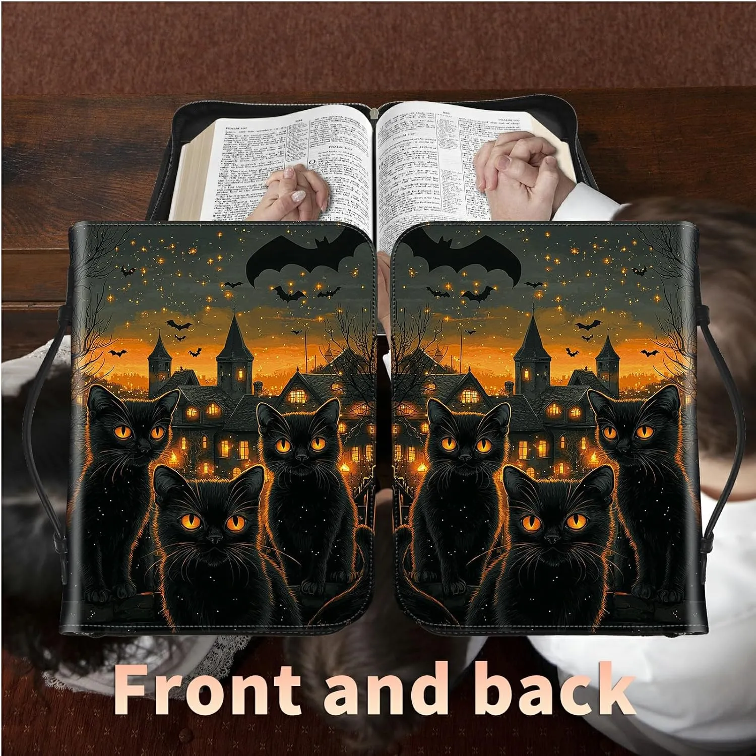 Black Cat Bat Bible Cover, Large Bible Protector Case Handle Carrying Bible Tote Bag with Zippered and Inner Organizing Pockets Christian Gifts for Men Women