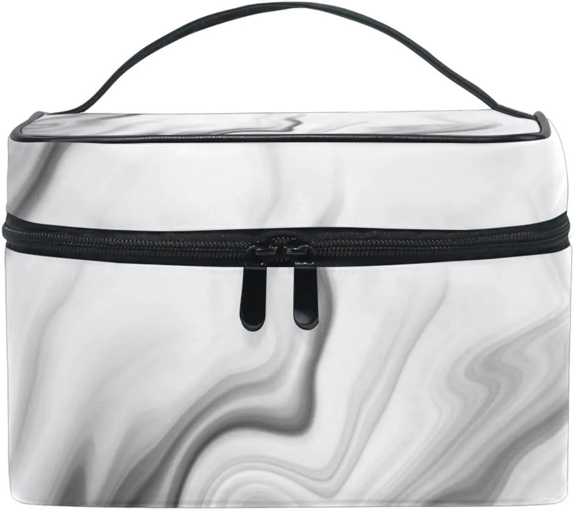 Black White Liquid Marble Agate Slab Paint Pastel Macro Wavy Beauty Cosmetic with Zipper Brush Portable Storage Bag, Fashion printing Toiletry, Durable Travel Organizer Tote Unisex Gifts