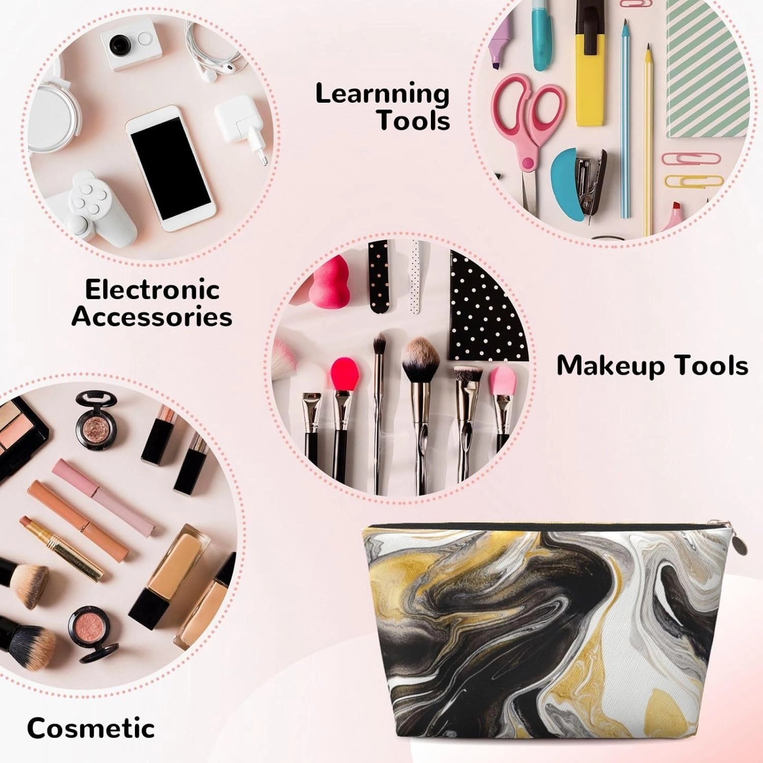 Black and Gold Swirl liquid ink marble Cosmetic Bag Travel Makeup Bag Organizer Toiletry Bag with Zipper Storage Pouch Coin Purse Brushes for Women Girls Gifts