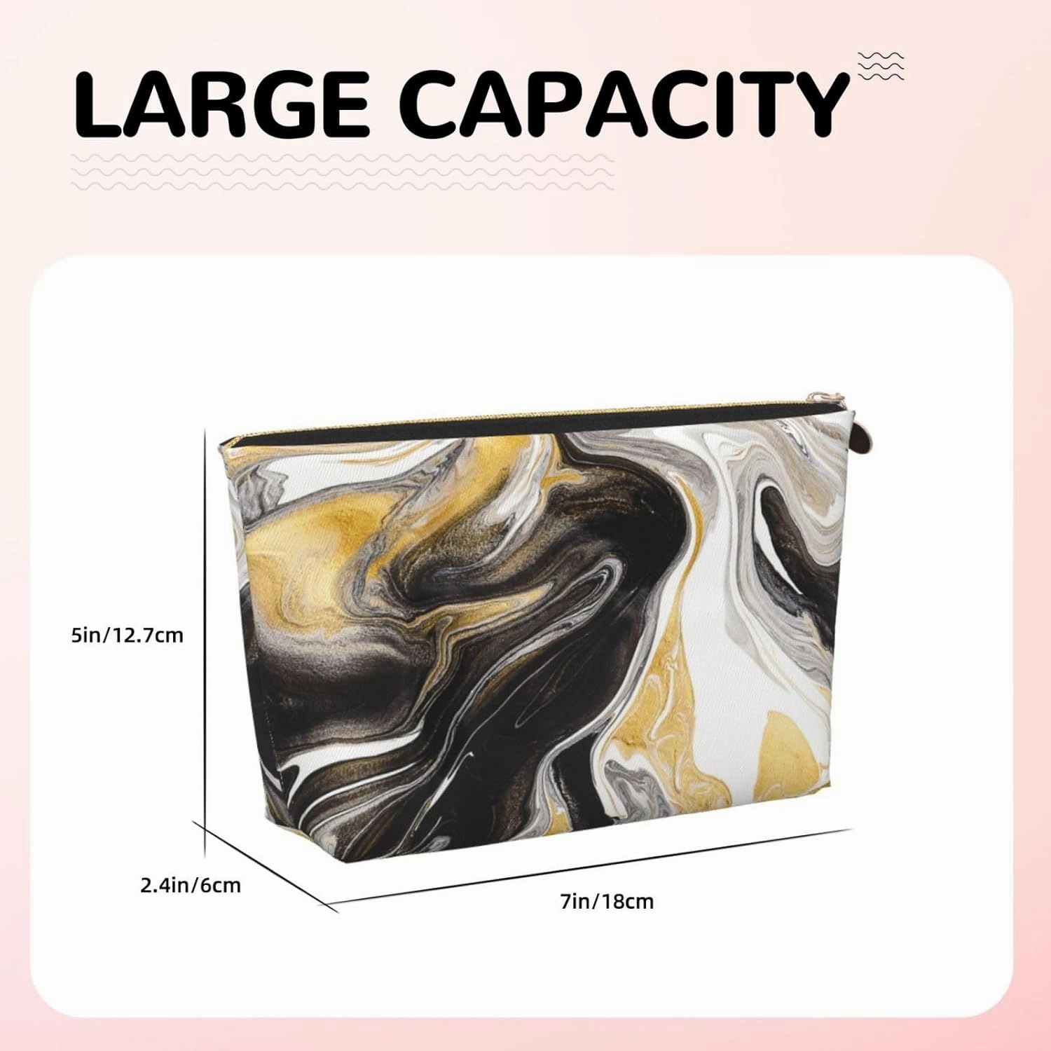 Black and Gold Swirl liquid ink marble Cosmetic Bag Travel Makeup Bag Organizer Toiletry Bag with Zipper Storage Pouch Coin Purse Brushes for Women Girls Gifts