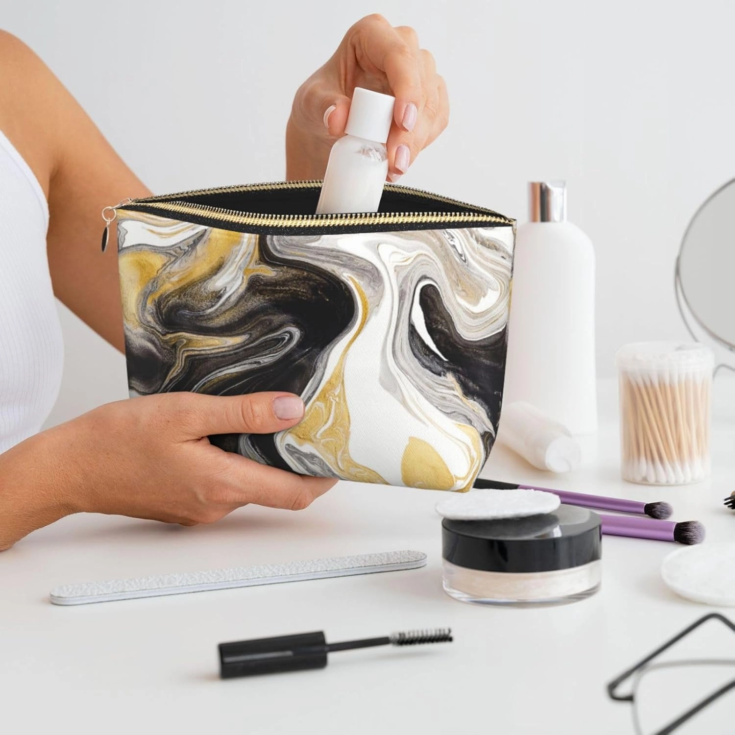Black and Gold Swirl liquid ink marble Cosmetic Bag Travel Makeup Bag Organizer Toiletry Bag with Zipper Storage Pouch Coin Purse Brushes for Women Girls Gifts