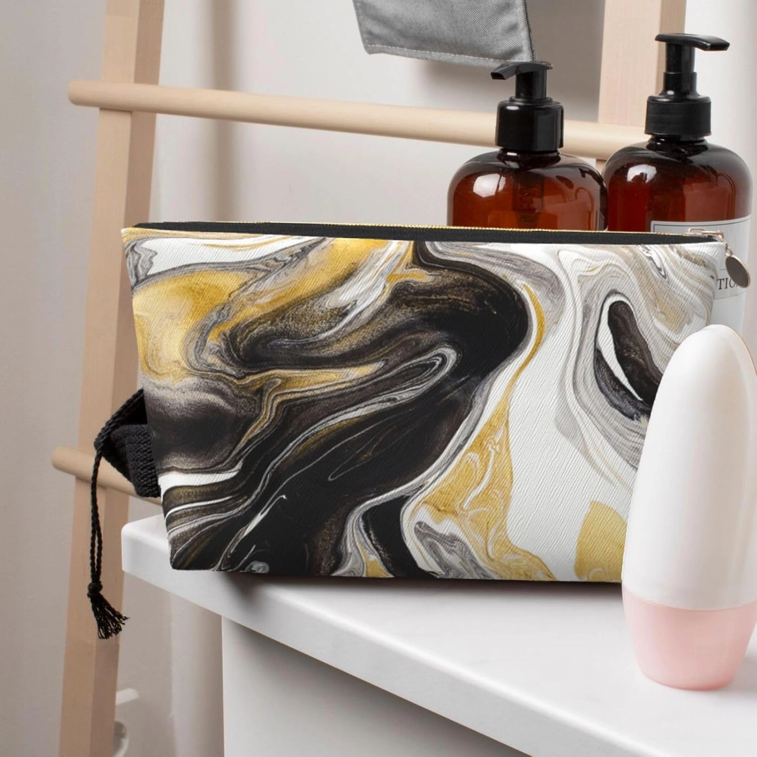 Black and Gold Swirl liquid ink marble Cosmetic Bag Travel Makeup Bag Organizer Toiletry Bag with Zipper Storage Pouch Coin Purse Brushes for Women Girls Gifts