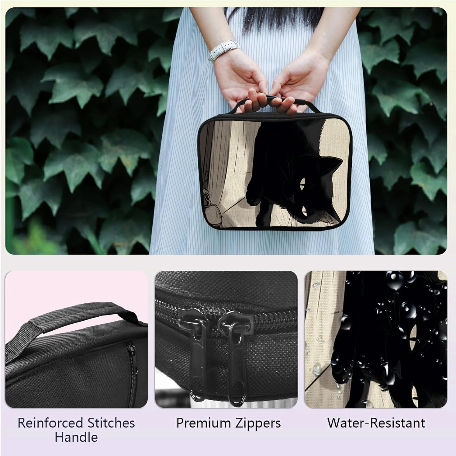 Black Cat Book Bible Bag Large Bible Case Cover for Women Men, Multi-Functional Church Bag Bible Protector with Handle Zippered Pocket Christian Gift Bible Study Supplies