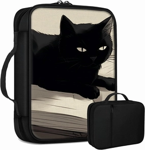 Black Cat Book Bible Bag Large Bible Case Cover for Women Men, Multi-Functional Church Bag Bible Protector with Handle Zippered Pocket Christian Gift Bible Study Supplies