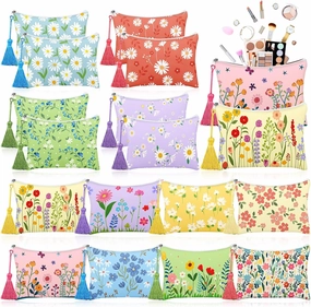 Blosssound 16 Pcs Makeup Bags Bulk with Tassel for Women Summer Floral Cosmetic Bags Canvas Daisy Travel Zipper Spring Toiletry Coin Pouch Wedding Birthday Graduation Baby Shower Bachlor Party Gift