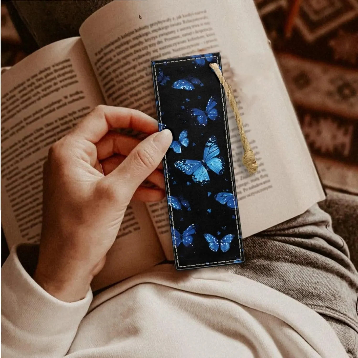 Blue Butterfly Bible Cover with 2Pcs Bookmarks Bible Case Holy Book Protector Pouch Bible Bag with Shoulder Strap Handmade Leather Page Markers