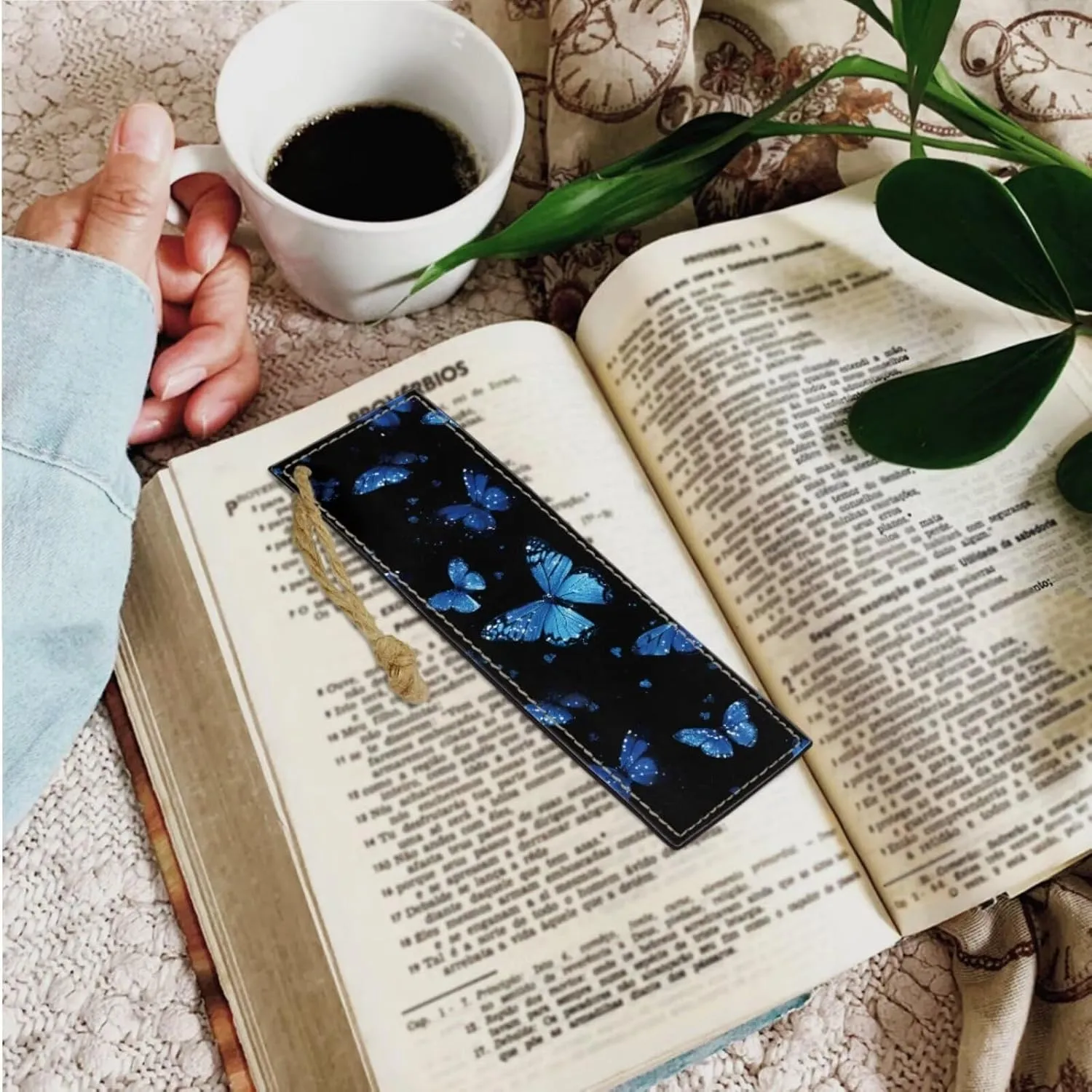 Blue Butterfly Bible Cover with 2Pcs Bookmarks Bible Case Holy Book Protector Pouch Bible Bag with Shoulder Strap Handmade Leather Page Markers