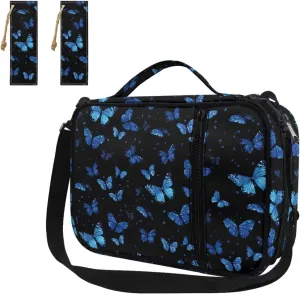 Blue Butterfly Bible Cover with 2Pcs Bookmarks Bible Case Holy Book Protector Pouch Bible Bag with Shoulder Strap Handmade Leather Page Markers