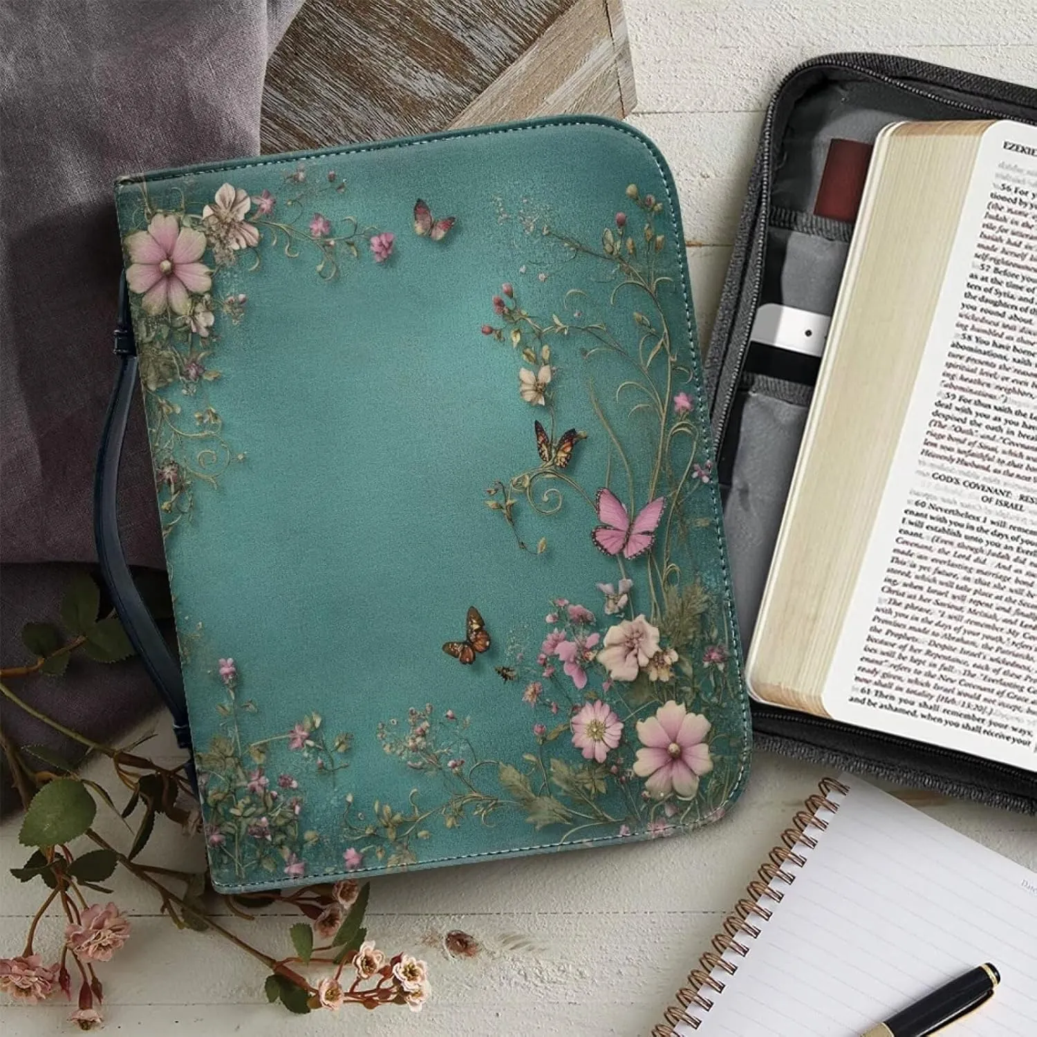 Boho Pink Flowers and Colorful Butterflies Green Bible Book Covers Carrying Book Case Fits for Study Bible Protective Bag Lightweight Bible Handbag Soft Daypack for Library,L