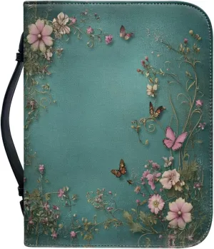 Boho Pink Flowers and Colorful Butterflies Green Bible Book Covers Carrying Book Case Fits for Study Bible Protective Bag Lightweight Bible Handbag Soft Daypack for Library,L