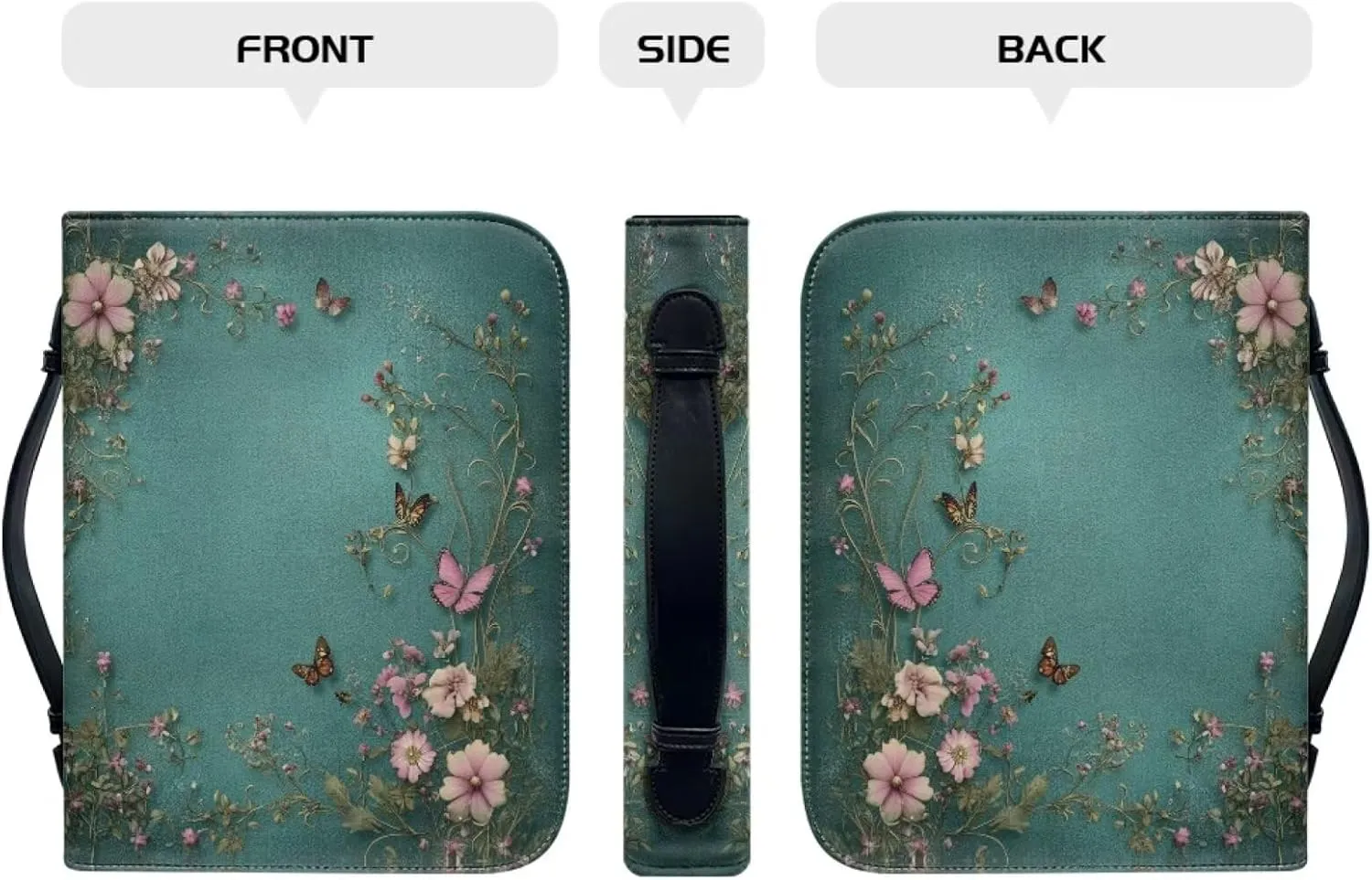 Boho Pink Flowers and Colorful Butterflies Green Bible Book Covers Carrying Book Case Fits for Study Bible Protective Bag Lightweight Bible Handbag Soft Daypack for Library,L