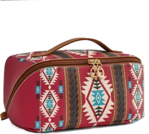 Boho Western Makeup Bag for Women Aztec Waterproof Travel Cosmetic Organizer Spacious PU Leather Toiletry Bag with Tribal Print for Everyday Use and Weekend Trips