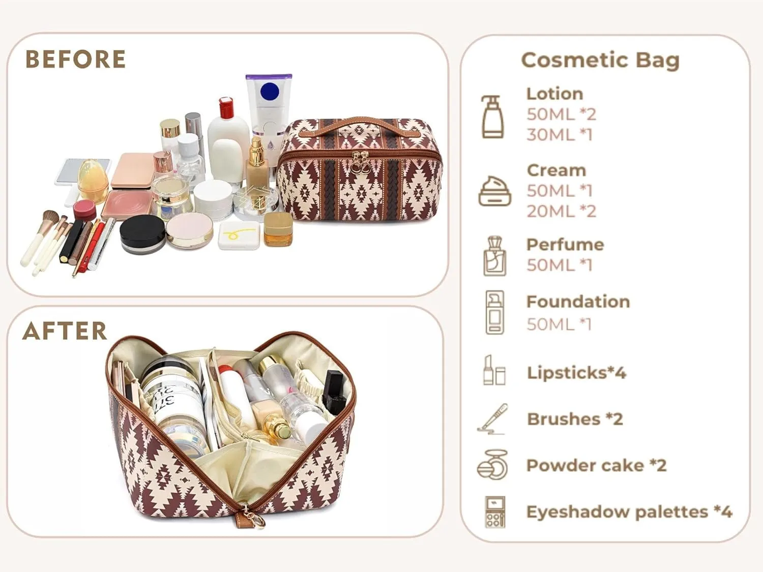 Boho Western Makeup Bag for Women Aztec Waterproof Travel Cosmetic Organizer Spacious PU Leather Toiletry Bag with Tribal Print for Everyday Use and Weekend Trips