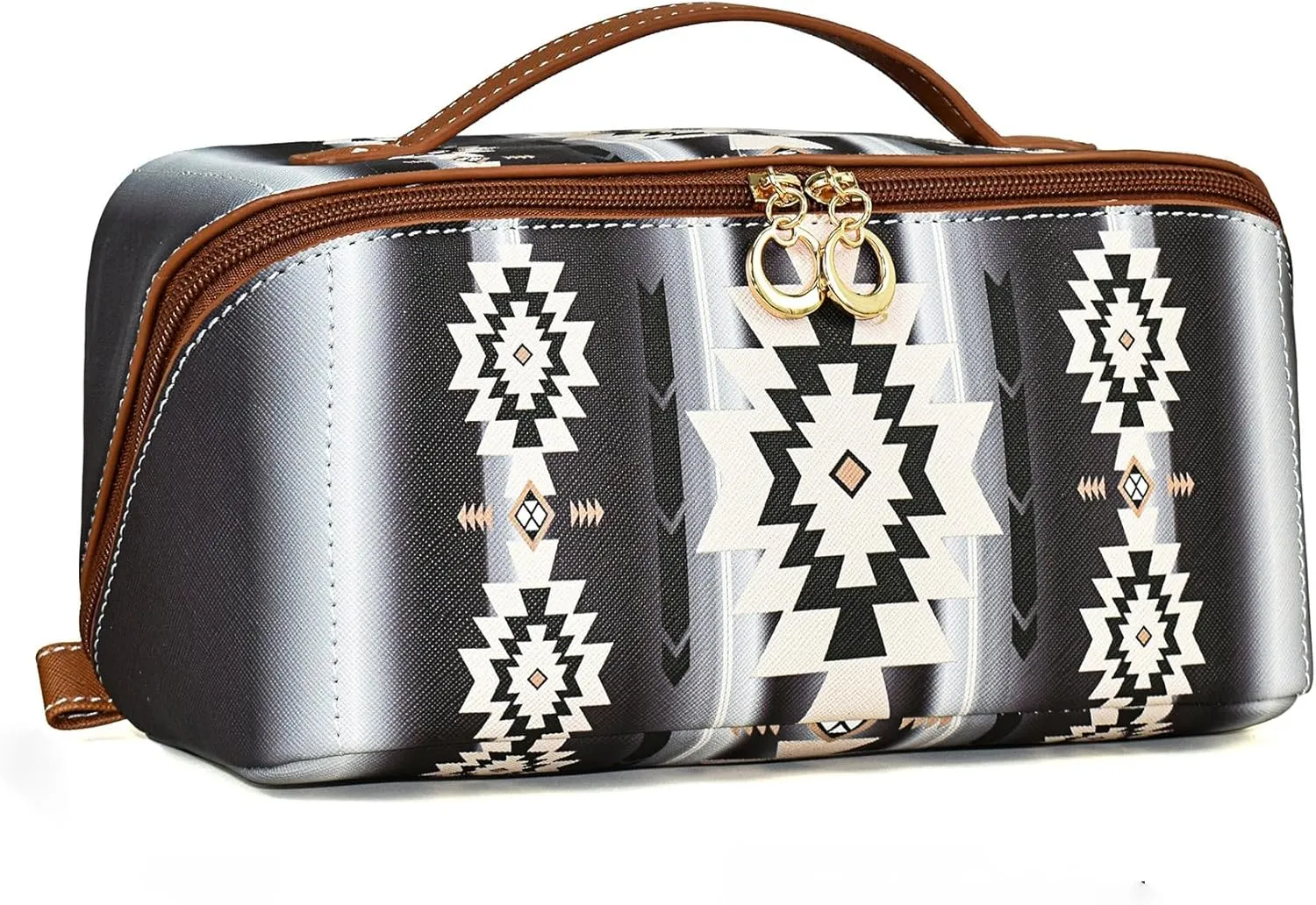 Boho Western Makeup Bag for Women Aztec Waterproof Travel Cosmetic Organizer Spacious PU Leather Toiletry Bag with Tribal Print for Everyday Use and Weekend Trips