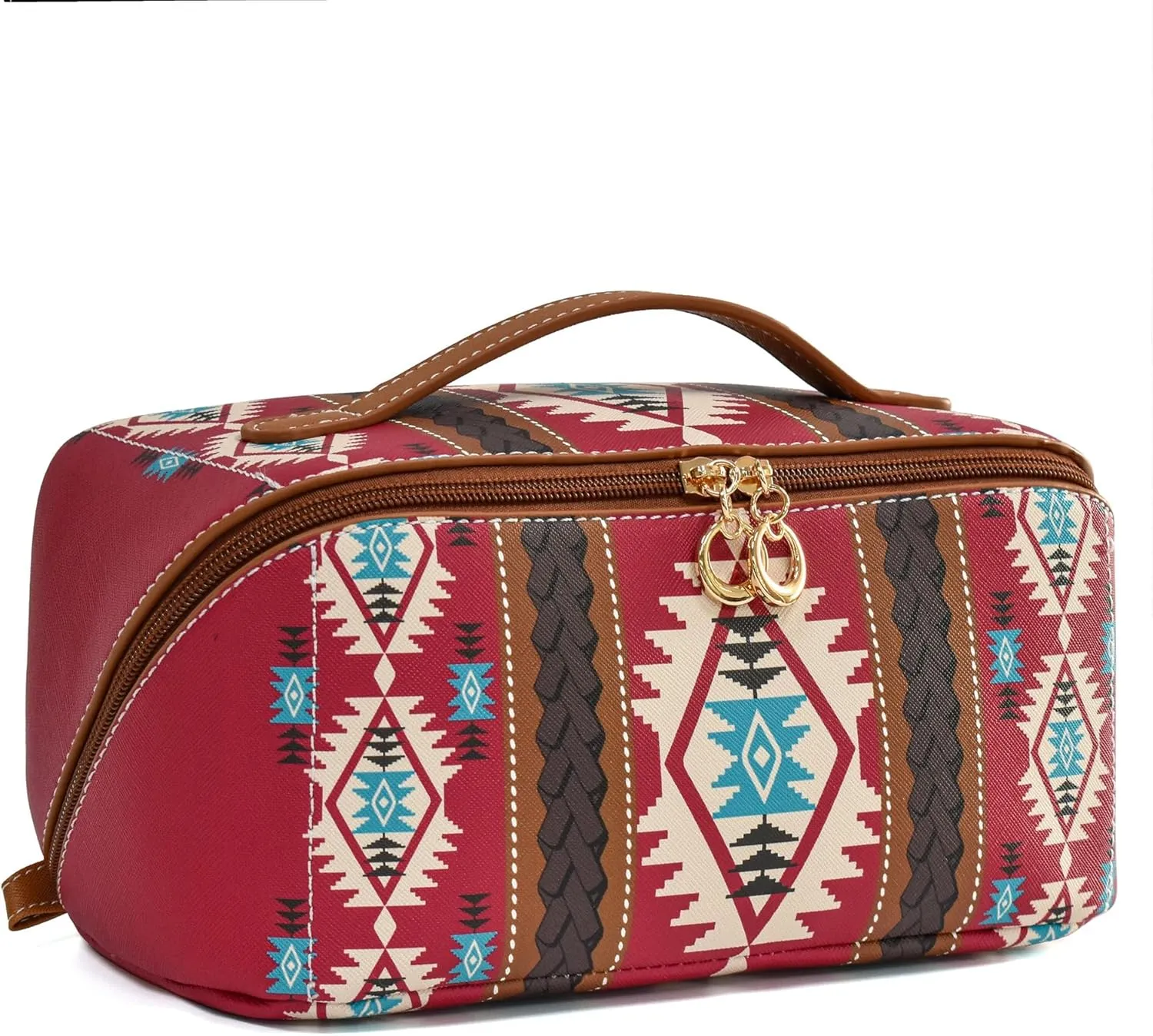 Boho Western Makeup Bag for Women Aztec Waterproof Travel Cosmetic Organizer Spacious PU Leather Toiletry Bag with Tribal Print for Everyday Use and Weekend Trips