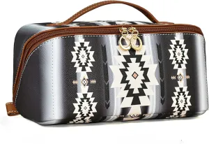 Boho Western Makeup Bag for Women Aztec Waterproof Travel Cosmetic Organizer Spacious PU Leather Toiletry Bag with Tribal Print for Everyday Use and Weekend Trips