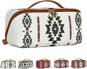 Boho Western Style Makeup Bag, PU Casual Colorblock Makeup Organizer Pouch, Boho Style Cosmetic Bag for Women, for Travel, Daily Use, Weekend Getaways (Type-A)