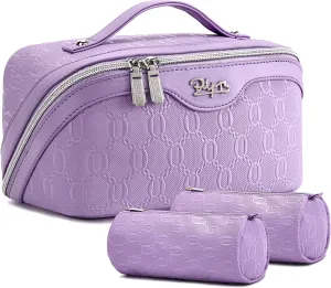 BOYATU Travel Makeup Bag for Women: Cosmetic Organizer Bag with Compartments - Leather Make up Bags Set of 3 (Purple)